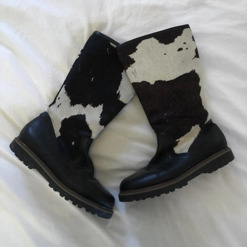 Knee high cowhide cow print boots, size 7